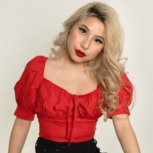 Red Puff Sleeve Top Smocked with Ties